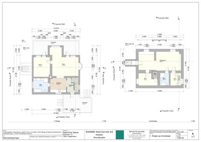 Etasjeplaner (1. Etasje og Uneretasje) med romfordeling, mål og fasadeopprikk.