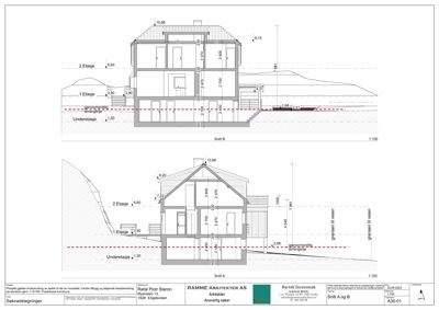 Snittegning (Snitt A og B) som viser bygningens høyder, etasjer og grunnplan.