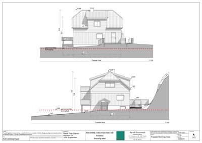 Fasadetegning som viser oppriss av bygningens front (Nord) og side (Vest) med høydemål og terrassering.