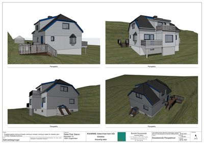 Bildet viser fire perspektivtegninger (renderinger) av en eksisterende eller planlagt bolig, inkludert fasade, balkonger og terrasser.