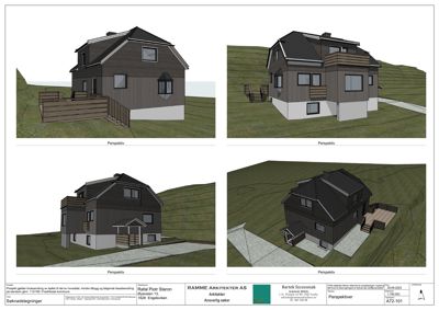 Bildet viser fire perspektivtegninger (3D-visualiseringer) av en planlagt bolig, inkludert fasade og omgivelser.