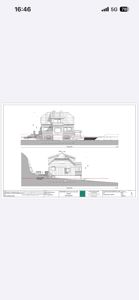 Fasadetegning som viser bygningens utseende fra fronten, inkludert vinduer, dører og takform.