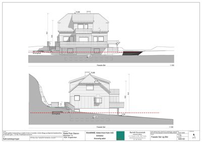 Tegning som viser fasadeopprikk (Fasade Øst og Fasade Sør) med høydemål og terrengforhold.