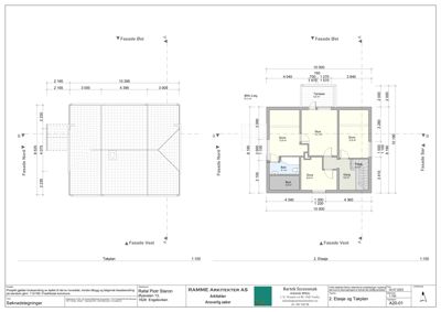 Bildet viser en tegning med to etasjeplaner (Takplan og 2. Etasje) samt fasadeopprikk for en bygning.