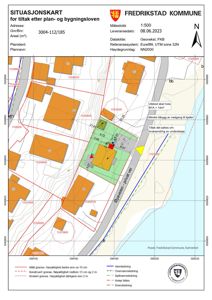 Situasjonskart som viser tomtens beliggenhet, naboeiendommer, bygninger, vei (Øyveien) og vannledd med tilhørende mål og grenser.