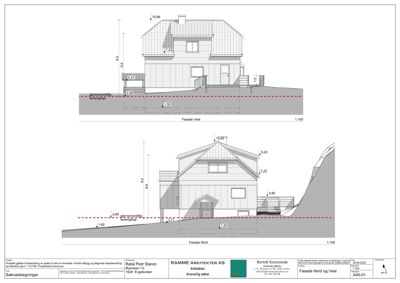 Fasadetegning som viser oppriss av bygningen sett fra vest og nord med høydemål.