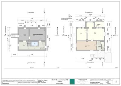 Etasjeplan (1. etasje) med romfordeling, dimensjoner og fasadeopprikk.