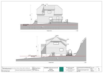 Tegning som viser fasadeopprikk (vest og nord) med mål og terrengforhold.