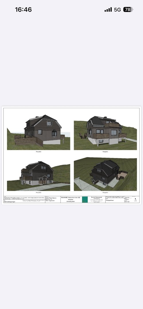 Bildet viser fire ulike vinkler (for-, bak-, side- og flyfoto) av en planlagt bolig i 3D-visualisering.