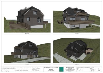 Bildet viser fire perspektivtegninger (3D-visualiseringer) av en planlagt bolig med omgivelser.