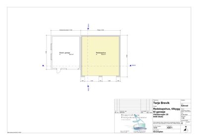 Grunnplan som viser eksisterende garasje og nytt redskapshus med mål og dimensjoner.