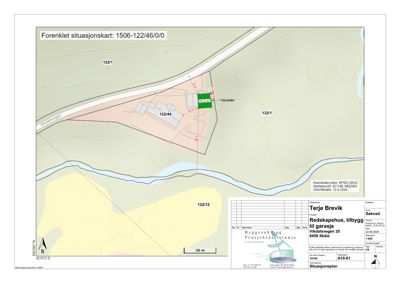 Forenklet situasjonsplan som viser tomtens grenser, nabotomter, eksisterende bygninger og den planlagte garasjen med mål.