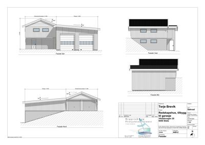 Fasadetegninger som viser bygningens utseende fra fire ulike sider (Sør, Vest, Øst og Nord).