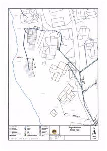 Situasjonsplan som viser tomt, bygninger, veier og vannledninger i Bergen kommune.
