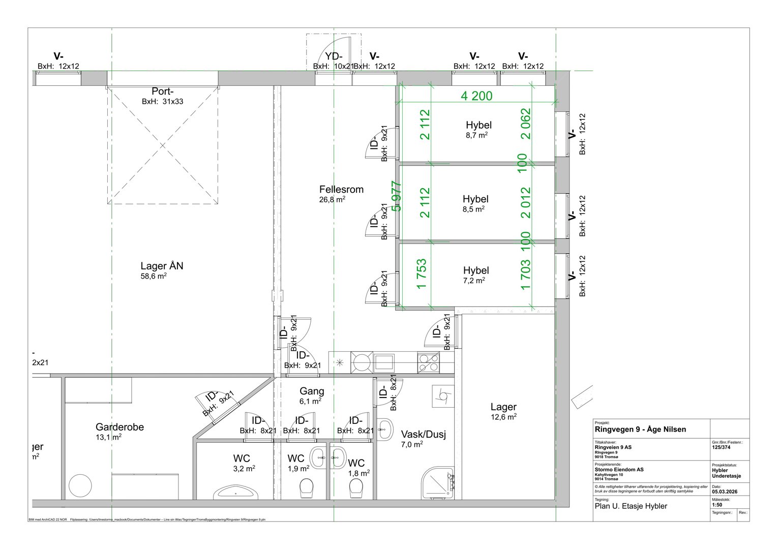 Etasjeplan (etasjeteegning) som viser romfordeling for hybler og fellesrom. Tegningen inneholder mål på rom, dører og veggtykkelse.