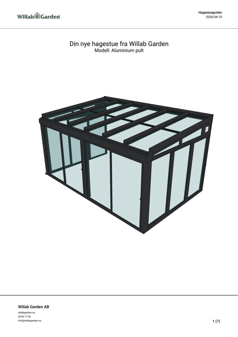 3D-visualisering av en aluminiumshagestue (pulttak) fra Willab Garden.