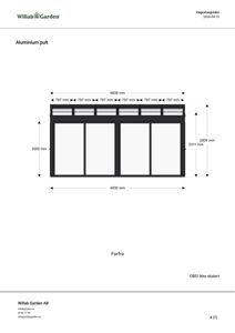 En teknisk tegning som viser dimensjoner og oppbygning av en aluminiumspult.