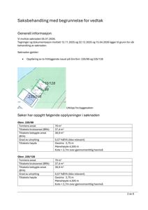 Et utklipp fra byggesaken som viser situasjonsplan med tomtenummer (Gnr/bnr) og en oversikt over bebyggelse.