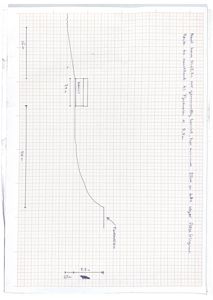 Håndskrevet teknisk detaljtegning som viser et snitt eller profil av en konstruksjon (sannsynligvis en søyle eller stolpe) med angitte mål og notasjoner om fundament og armering.
