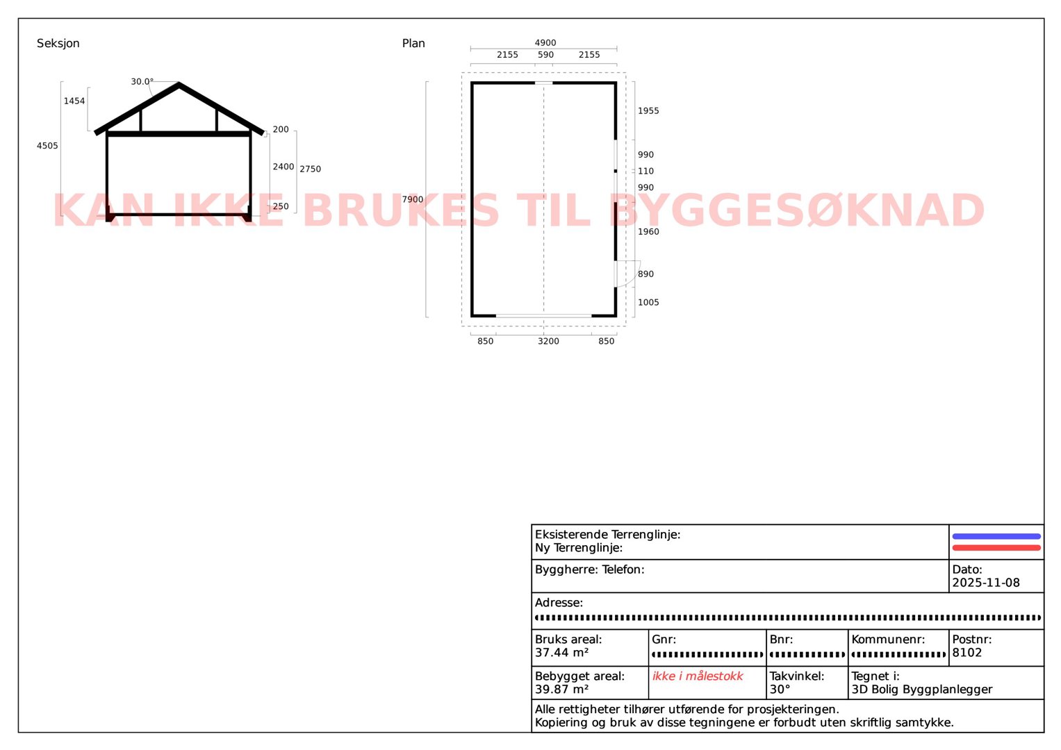 Bildet viser en tegning med etasjeplan (Plan) og et snitt (Seksjon) av en bygning, med mål og dimensjoner.