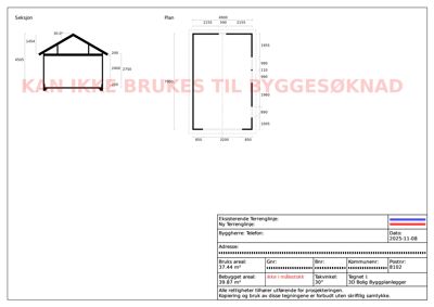 Bildet viser en tegning med etasjeplan (Plan) og et snitt (Seksjon) av en bygning, med mål og dimensjoner.