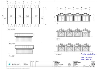 Bildet viser en plantegning (PLANTEGNING) av et hus med fire rom (Naust 1-4), samt fasadeoppsett og arealopplysninger.