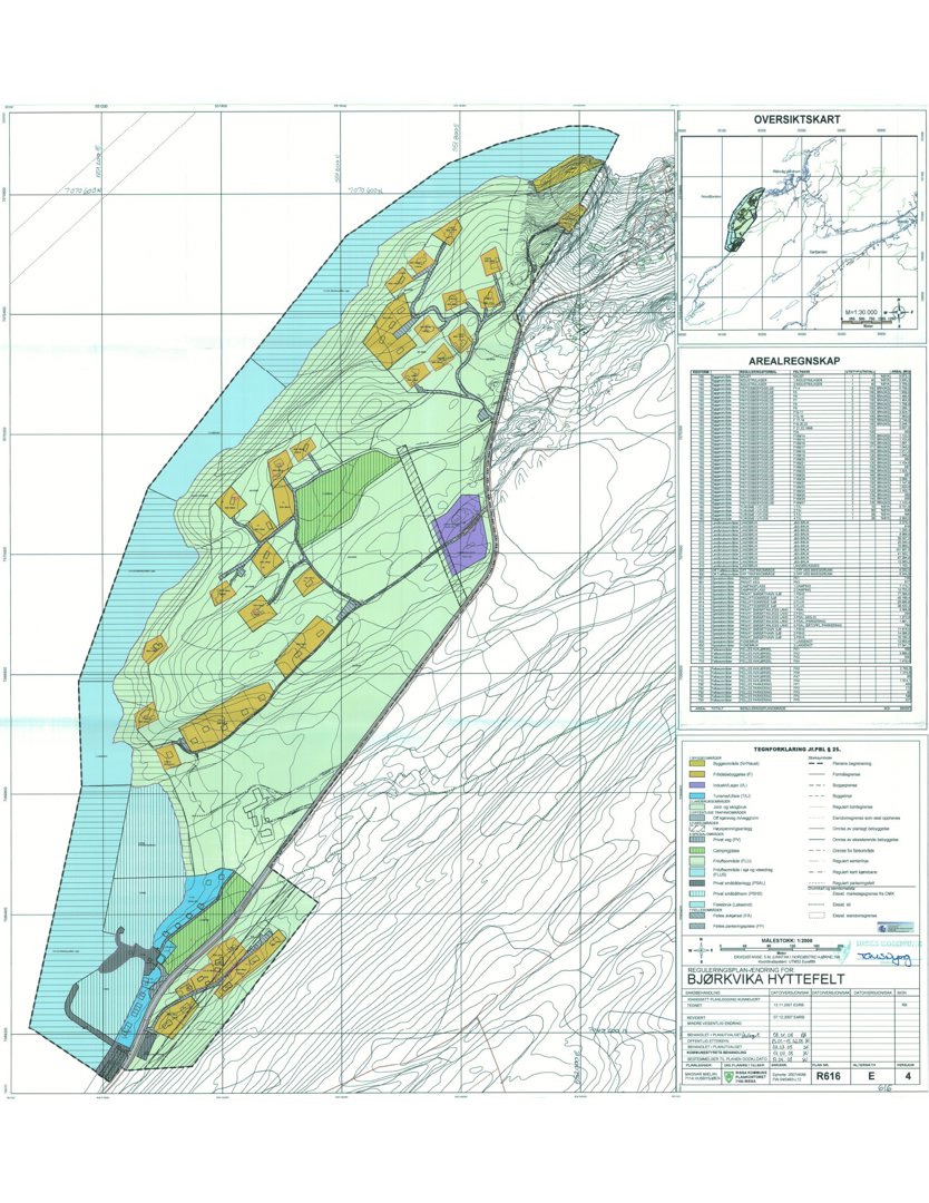 Oversiktskart og arealregnskap for et hyttefelt (Bjørkvikahyttefeltet).
