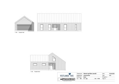 Fasadetegning som viser bygningens utsyn fra vest og nord.