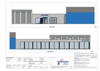 Fasadetegning som viser bygningens utseende fra to vinkler: 'Fasade Sørøst' og 'Fasade Nordøst'.