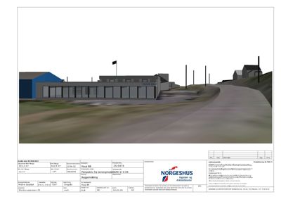 3D-visualisering (rendering) av en bygning med omgivelser, inkludert terreng og vei.