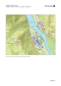 Kart over flomsone ved 200-års flomvannføring (NVE, 2005) med topografi og bygningsplasseringer