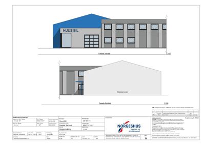 Fasadetegning som viser bygningens utseende sett fra sørvest og nordøst, med angitte mål og eksisterende forhold.