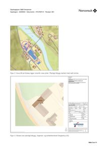 Bildet viser to kartutsnitt (situasjonsplaner) som illustrerer bygningens plassering i forhold til omgivelsene, inkludert vann og vei.