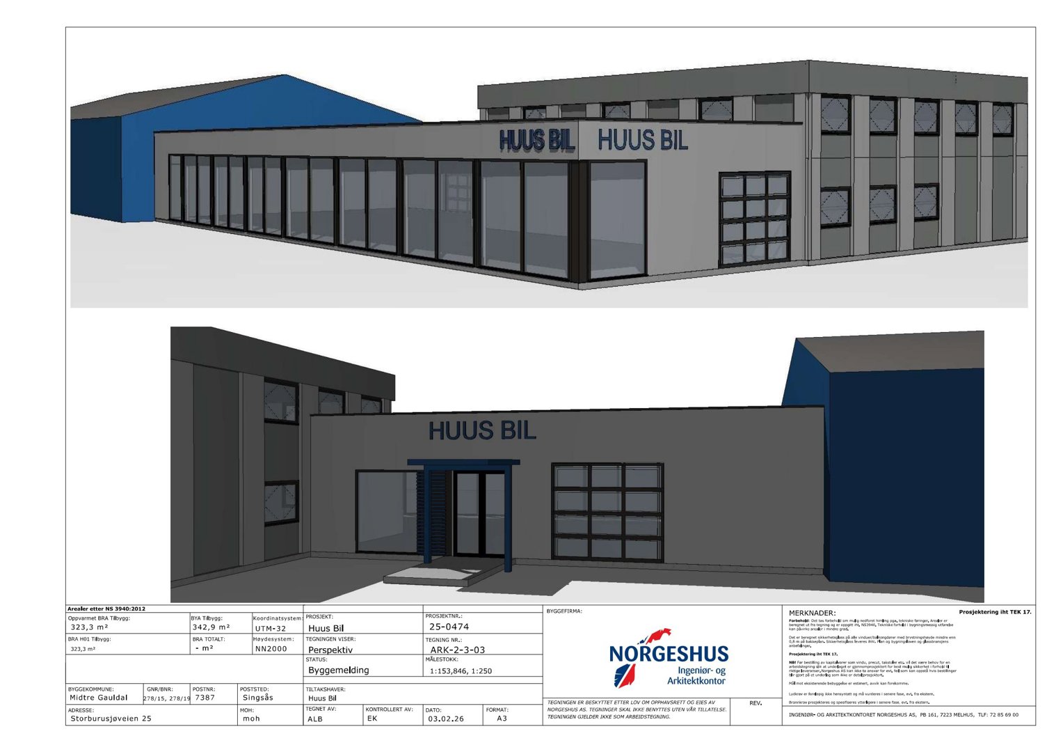 3D-visualisering av en bygning med 'HUUS BIL' skilt, vist fra to perspektiver.
