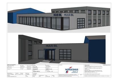 3D-visualisering av en bygning med 'HUUS BIL' skilt, vist fra to perspektiver.