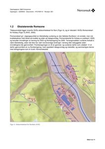 Et kart over et område som viser topografi, bebyggelse og en blå linje som representerer en flomsone eller bekke.