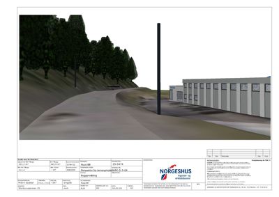 3D-visualisering (rendering) av et bygg sett fra en vinkel med omgivelsene (trær, bakke, lysmast).