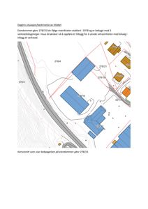 Situasjonsplan (kartutsnitt) som viser bebyggelsen på eiendommen gbnr 278/15, inkludert matrikkelnummer, vegger og topografi.