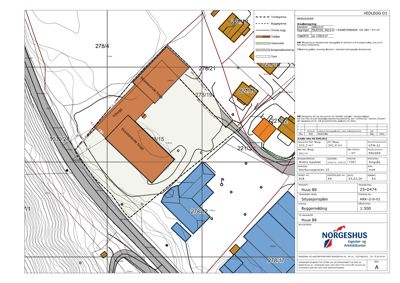 Situasjonsplan som viser tomtens beliggenhet, eksisterende og planlagt bebyggelse, vegnett og topografi.