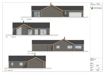 Fasadeopprikk for en bolig som viser utsiden av bygningen sett fra fire sider (Nord, Sør, Øst, Vest).