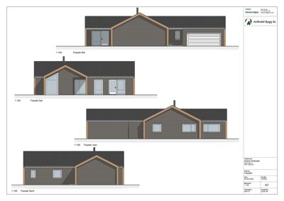 Fasadeopprikk for en bolig som viser utsiden av bygningen sett fra fire sider (Nord, Sør, Øst, Vest).