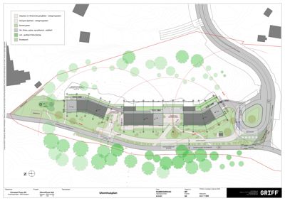 Situasjonsplan (Utomhusplan) som viser bygningenes plassering i forhold til tomme, veier, vegetasjon og andre omgivelser.