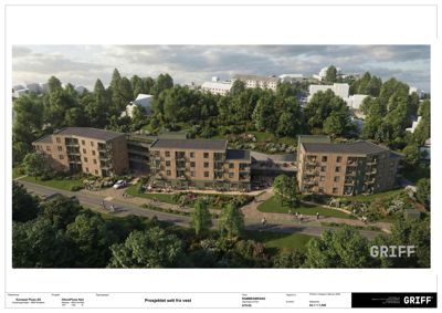 3D-visualisering (rendering) av et boligprosjekt sett fra vest, som viser fasader, landskap og omgivelsene.