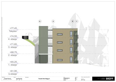 Fasadetegning (opprikk) av bygningens nordside med angitte høyder og etasjer.
