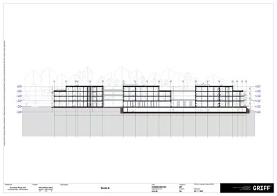 Snittegning (Snitt A) som viser bygningens tverrsnitt, konstruksjon og høyder.