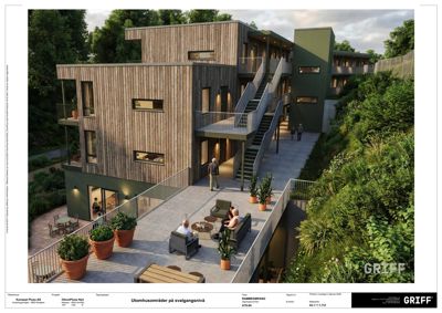 3D-visualisering av et utemiljø (terrasse og gangvei) med møbler, planter og personer for å illustrere bruk og atmosfære.