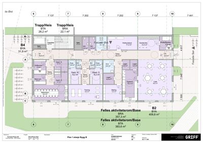 Etasjeplan for 1. etasje av Bygg B, som viser romfordeling, arealer og funksjoner.