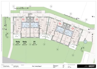 Etasjeplan (1. etasje) som viser romfordeling, boligenheter og arealer for en bygning.