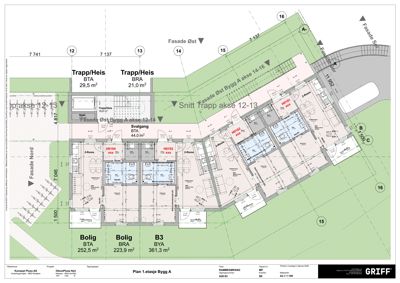 Etasjeplan for 1. etasje av Bygg A, som viser romfordeling, arealer og fasader.