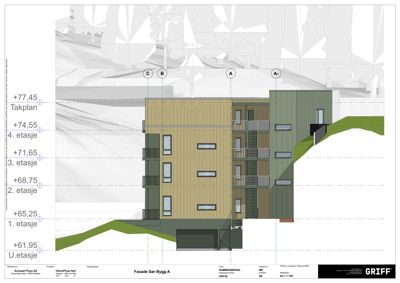 Fasadetegning (opprikk) av en bygning med oppgitt høyder for hver etasje og takplan.